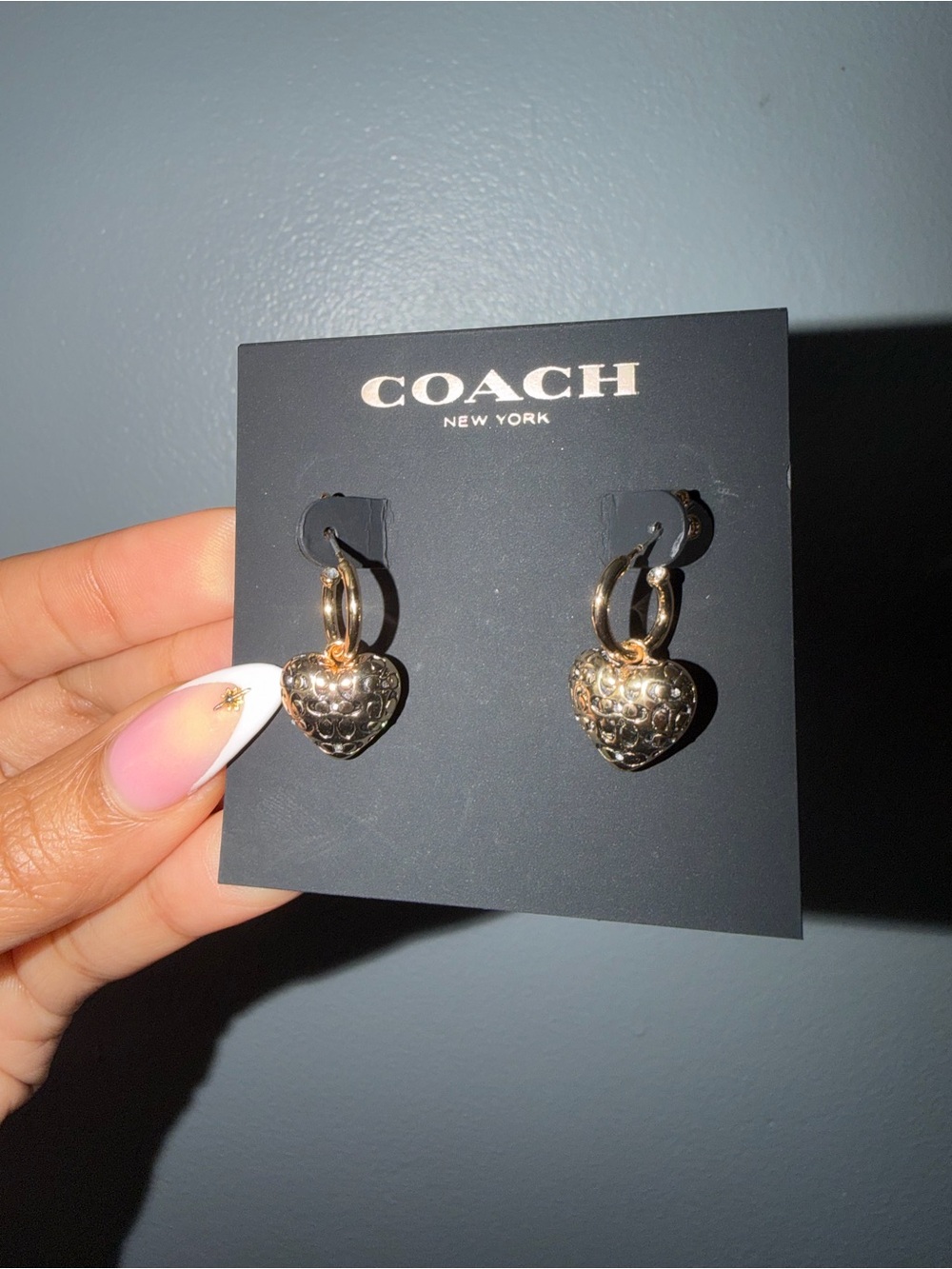 COACH Gold Heart Charm Hoop Earrings